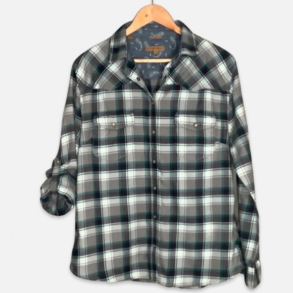 JACHS GIRLFRIEND pea plaid pearl button down shirt - Picture 1 of 4